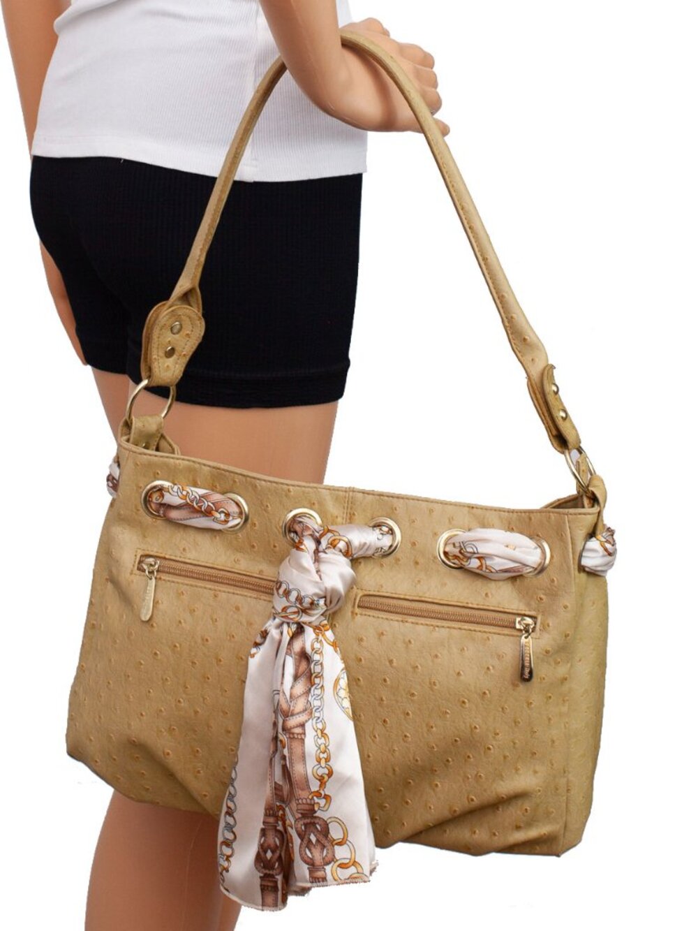 Vecceli Italy Beige Faux Ostrich Embossed Shoulder Bag Scarf Gold Hardware Boho